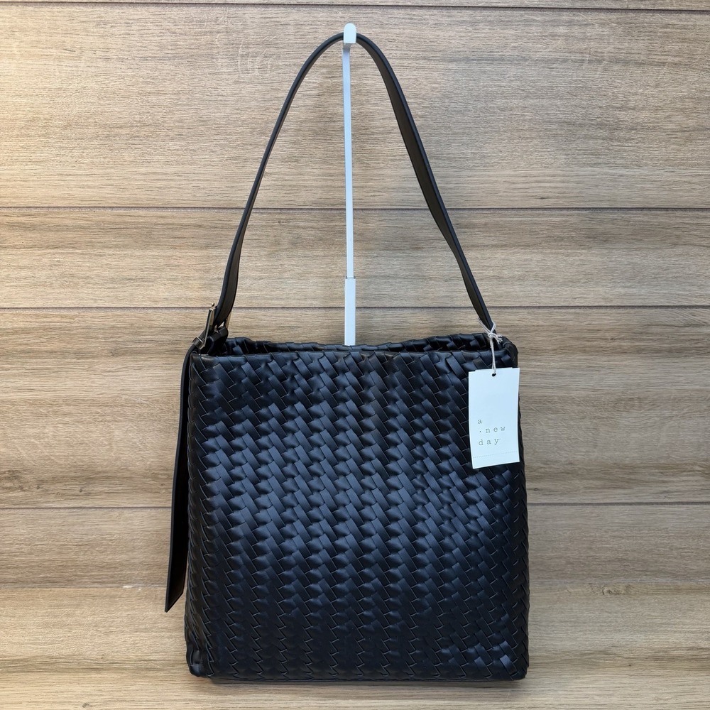 A New Day Women's Black Woven Tote Shoulder Bag Large Braided Handbag NWT